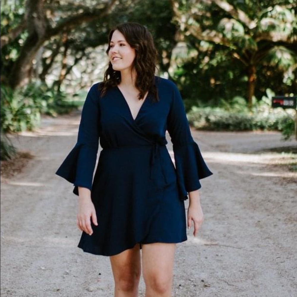 Lulu’s Navy Wrap Dress | Trumpet Sleeves